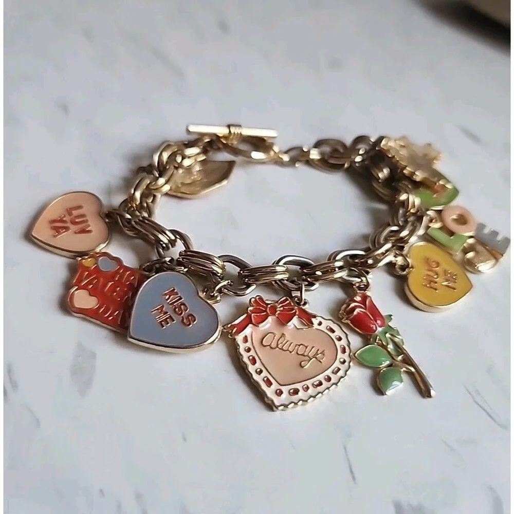Charm Braclet, Love, Valentine's Day, Hearts, Hugs and Kisses Gold Tone Braclet.